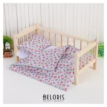 Кукольное постельное Земляничка на голубом: простыня 46х36, одеяло 46х36, подушка 23х17