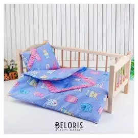 Кукольное постельное"Зверюшки на голубом" простынь,одеяло,46*36,подушка 27*17