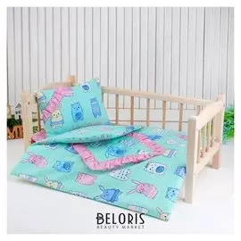 Кукольное постельное"Зверюшки на зеленом" простынь,одеяло,46*36,подушка 27*17