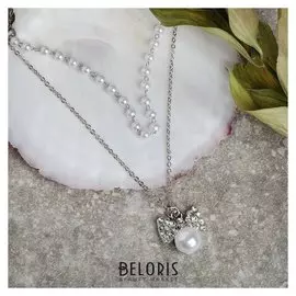 Кулон с жемчугом "Цепь" бантик, 2 нити, цвет белый в серебре, 35см