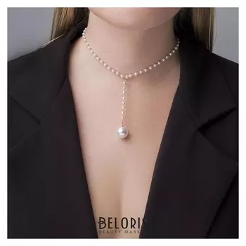 Кулон с жемчугом "Цепь" олимпия, цвет белый в золоте, 32 см