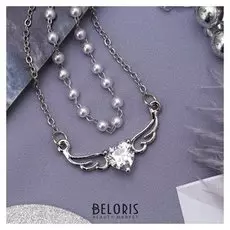 Кулон с жемчугом "Цепь" сердце с крыльями, 2 нити, цвет белый в серебре, 40 см