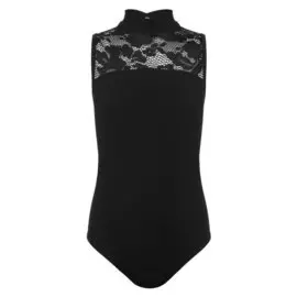 Купальник гимнастический без рукавов, гипюр, воротник-стойка, цвет чёрный, размер 28