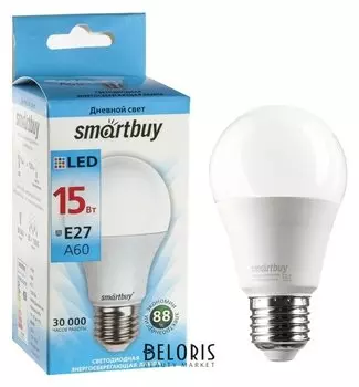 Лампа Cветодиодная Smartbuy, A60, E27, 15 Вт, 4000 К, дневной белый свет