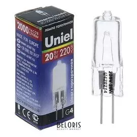 Лампа галогенная Uniel, G4, 20 Вт, 220 В, прозрачная