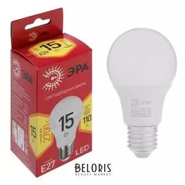 Лампа светодиодная эра, A60, E27, 15 Вт, 2700 К, теплый белый
