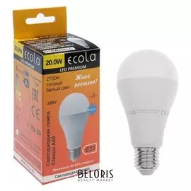 Лампа светодиодная Ecola, а65, е27, 20 Вт, 2700 К, 130 х 65 мм, матовый шар