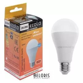 Лампа светодиодная Ecola, а65, е27, 20 Вт, 4000 К, 130 х 65 мм, матовый шар