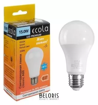 Лампа светодиодная Ecola Classic Premium, а60, 15 Вт, е27, 6500 К, 220 В, 120х60 мм