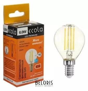 Лампа светодиодная филаментная Ecola Globe Premium "Шар", G45, 6 Вт, е14, 4000 к,360°, 220 В
