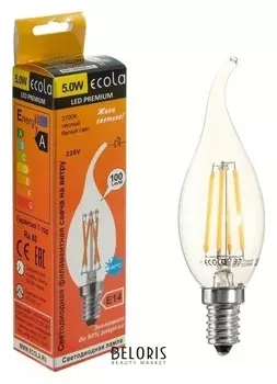 Лампа светодиодная филаментная Ecola Premium "Свеча", 5 Вт, е14, 2700 К, 360°, 220 В, 125х37
