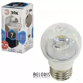 Лампа светодиодная ЭРА, 7 (60) Вт, цоколь E27, прозрачный шар, холодный белый свет, 30000 ч.