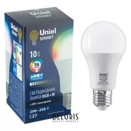 Лампа светодиодная с ИК сенсором Uniel, а60, 10 Вт, е27, матовая. Rgb, пульт ДУ