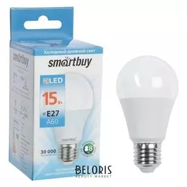 Лампа светодиодная Smartbuy, а60, е27, 15 Вт, 6000 К, холодный белый свет