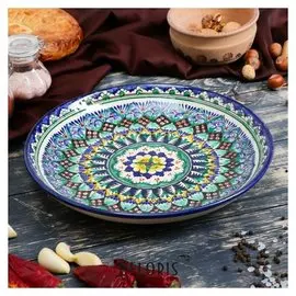 Ляган круглый «Риштан», 28 см, сине-зелёный, красный орнамент