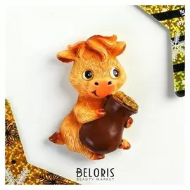 Магнит полистоун "Бычок аркаша с кувшином золотых монет" 6,5х4 см