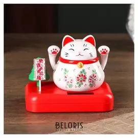 Маятник пластик от солнечной батареи "Кот манэки-нэко с цветами" белый 8х10х6 см