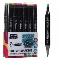 Маркер худож набор Mazari Fantasia 12цв Main+fluorescent Colors(2ст:пулевид3.0/клиновид6.2)