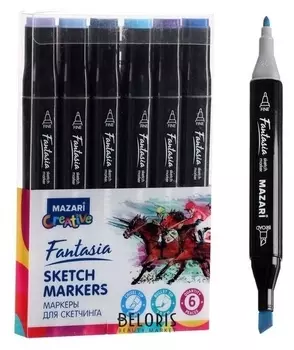 Маркер худож набор Mazari Fantasia 6цв Blue Colors (2ст:пулевид3.0/клиновид6.2) пвх- упак