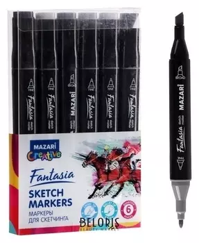 Маркер худож набор Mazari Fantasia 6цв Cool Grey (2ст:пулевид3.0/клиновид6.2) пвх- упак