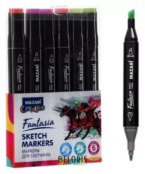 Маркер худож набор Mazari Fantasia 6цв Fluorescent Colors (2ст:пулевид3.0/клиновид6.2)пвх