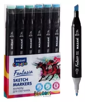 Маркер худож набор Mazari Fantasia 6цв Marine Blue Colors (2ст:пулевид3.0/клиновид6.2)пвх