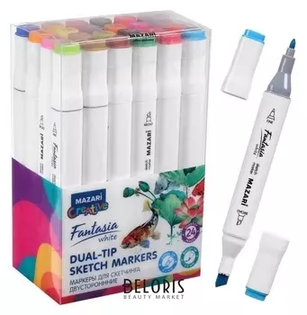 Маркер худож набор Mazari Fantasia White 24цв Main Colors(2ст:пулевид2.5/клиновид6.2)пвх
