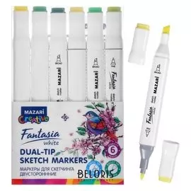 Маркер худож набор Mazari Fantasia White 6цв Green Colors(2ст:пулевид2.5/клиновид6.2)пвх