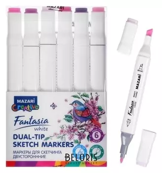 Маркер худож набор Mazari Fantasia White 6цв Purple Colors(2ст:пулевид2.5/клиновид6.2)пвх