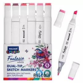 Маркер худож набор Mazari Fantasia White 6цв Pink Colors(2ст:пулевид2.5/клиновид6.2)пвх