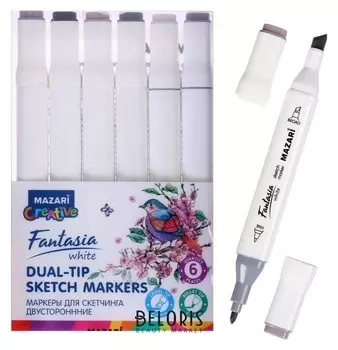 Маркер худож набор Mazari Fantasia White 6цв Warm Grey(2ст:пулевид2.5/клиновид6.2)пвх