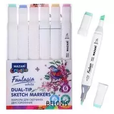 Маркер худож набор Mazari Fantasia White 6цв Pastel Colors(2ст:пулевид2.5/клиновид6.2)пвх