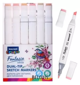 Маркер худож набор Mazari Fantasia White 6цв Skin Tones(2ст:пулевид2.5/клиновид6.2)пвх