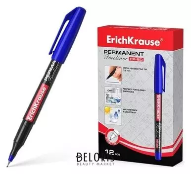 Маркер - лайнер перманентный 0.6 мм Erich Krause FP-50 синий, чернила светостойкие, водостойкие без ксилола и толуола.