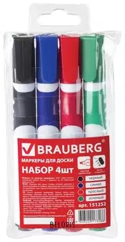 Маркеры для доски Brauberg Soft, набор 4 шт., ассорти, резиновая вставка, круглый наконечник, 5 мм