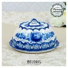 Масленка "Утро", круглая, гжель, фарфор, 12х18 см