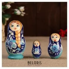Матрешка " душа россии",3 кукольная, синий фон, 10 см