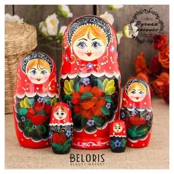 Матрёшка «Цветочная», красный платок, 5 кукольная, 17 см