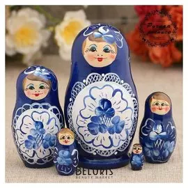 Матрёшка «Гжель», синее платье, 5 кукольная, 10 см