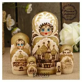 Матрёшка «Храмы», выжигание, золотой платок, 5 кукольная, 15 см, люкс