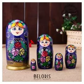 Матрёшка «Полевые цветы», синий платок, 5 кукольная, 17 см