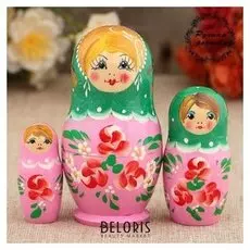 Матрёшка «Розовые цветочки», зелёный платок, 3 кукольная, 9 см