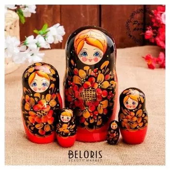 Матрёшка «Рябинка», чёрный платок, 5 кукольная, 18 см