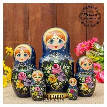 Матрёшка «Жостово», синий платок, 5 кукольная, 17 см