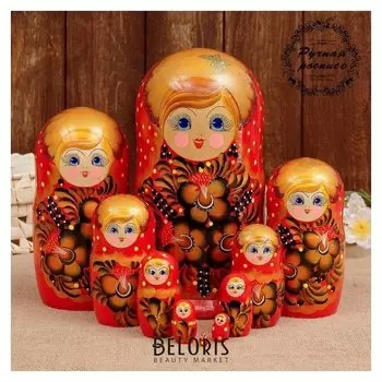 Матрёшка «Золотые цветы», красное платье, 10 кукольная. 26 см