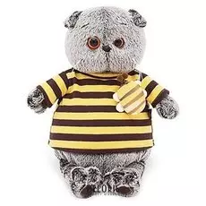 Мягкая игрушка Басик в полосатой футболке с пчелой, 19 см