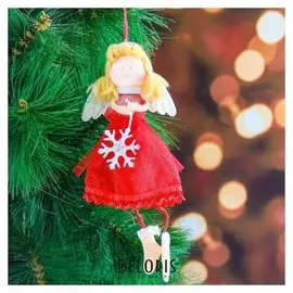 Мягкая подвеска "Ангел - девочка с белой снежинкой" 18 см красный
