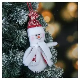Мягкая подвеска "Снеговик в кафтане и шапке" 12 см красно-белый