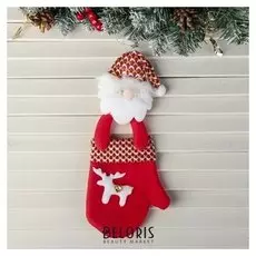 Мягкая подвеска "Варежка с дедом морозом и оленем" 12,5*28 см, красный