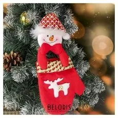 Мягкая подвеска "Варежка со снеговиком и оленем" 12,5*27 см, красный